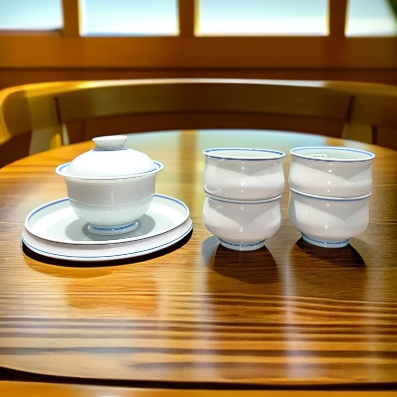 【小乔赏瓷】 景德镇手工柴窑素胎炉式杯4个加盖碗加壶承