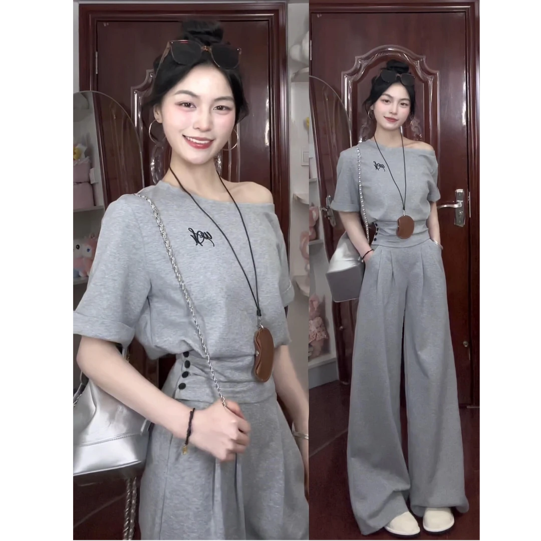 INS CEC慵懒运动服套装女季穿搭收腰一字肩斜肩短袖长裤两件套