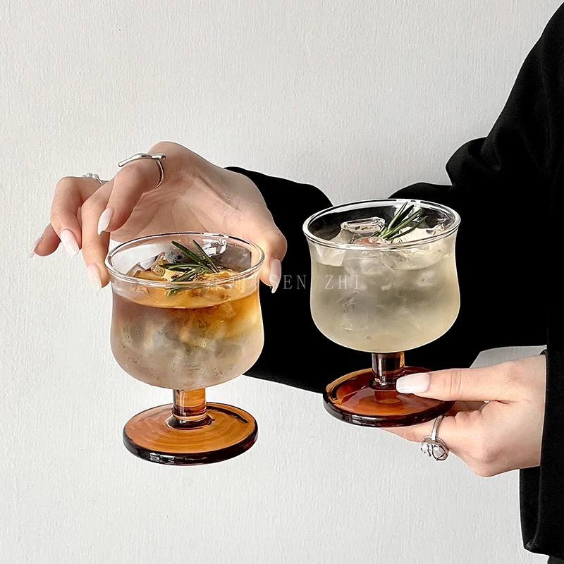小众复古矮脚收腰玻璃杯ins风美式咖啡杯特调饮品杯冷饮杯果汁杯