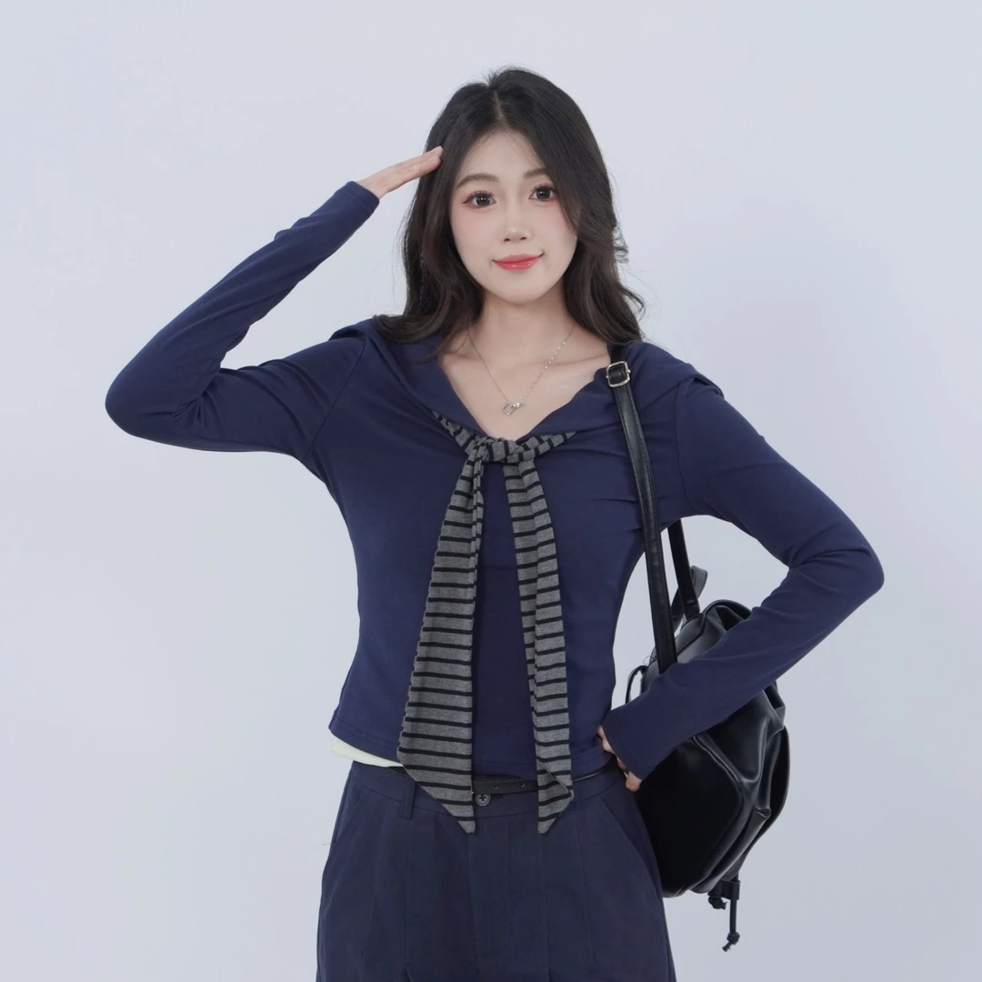三福长T恤秋显瘦百搭长袖内搭女打底衫条纹领结翻领上衣女 511468