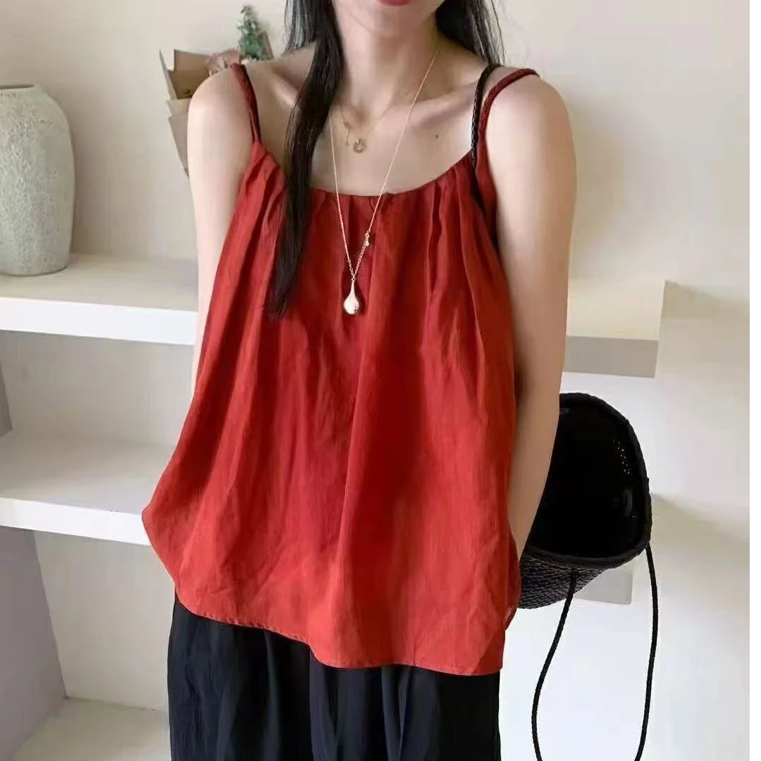 HAIYG#【DY0131】纯色苎麻吊带背心女宽松露背小衫设计感无袖上衣女