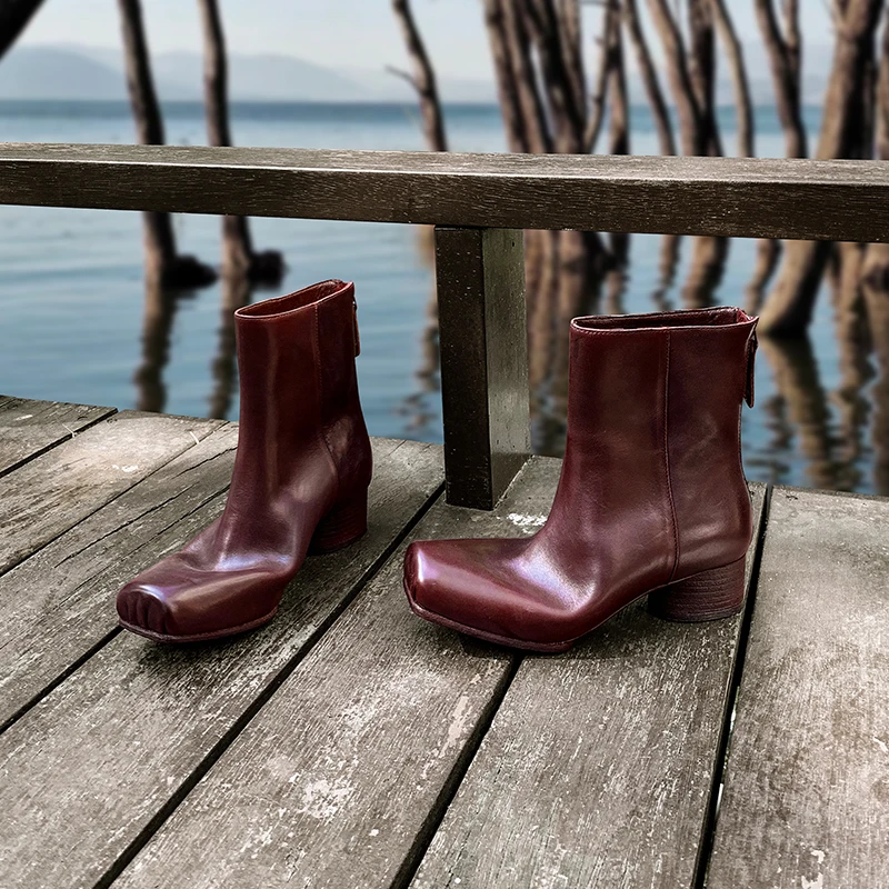 【舒舒】法式高级水洗马皮猪鼻短靴女粗跟中跟方头瘦瘦后拉链靴子