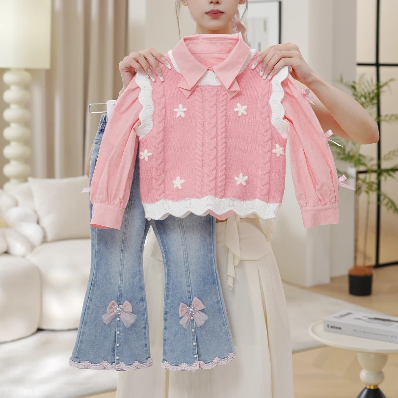 2025女童秋季新款高级感粉色针织衬衫上衣牛仔裤三件套QA30642