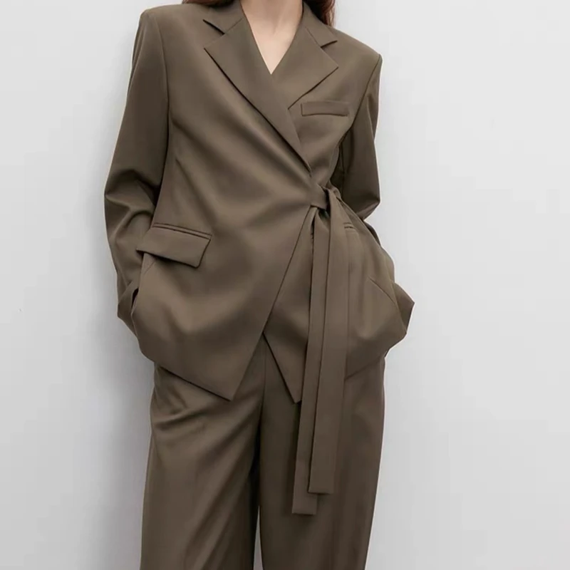 宝丫轻奢  女式通勤气质系带西装外套阔腿西裤套装K164