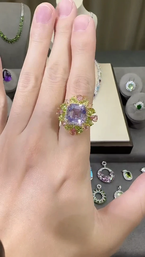 银S925镶嵌戒指水晶10mm戒指薰衣草