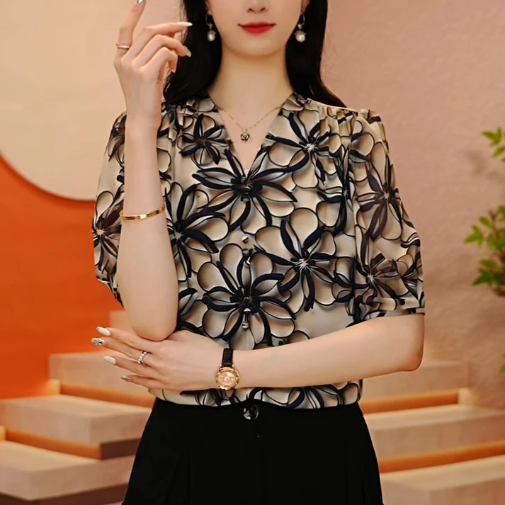 F240539-新款琉璃双皱丝洋气时尚百搭气质印花女士五分袖上衣