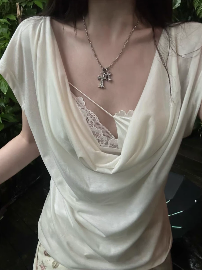 【冰感水光Tee】荡领短袖T恤女2025设计感新款打底衫夏季上衣7068#