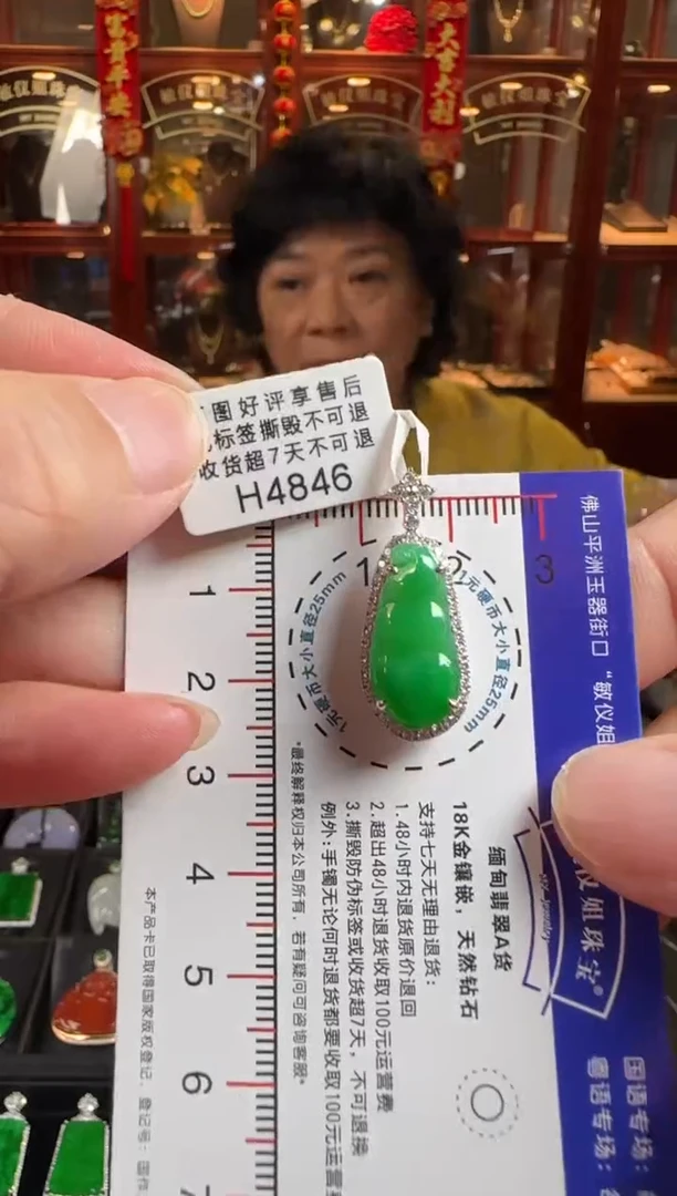 颈饰18K金镶嵌翡翠H4846冰绿富贵豆