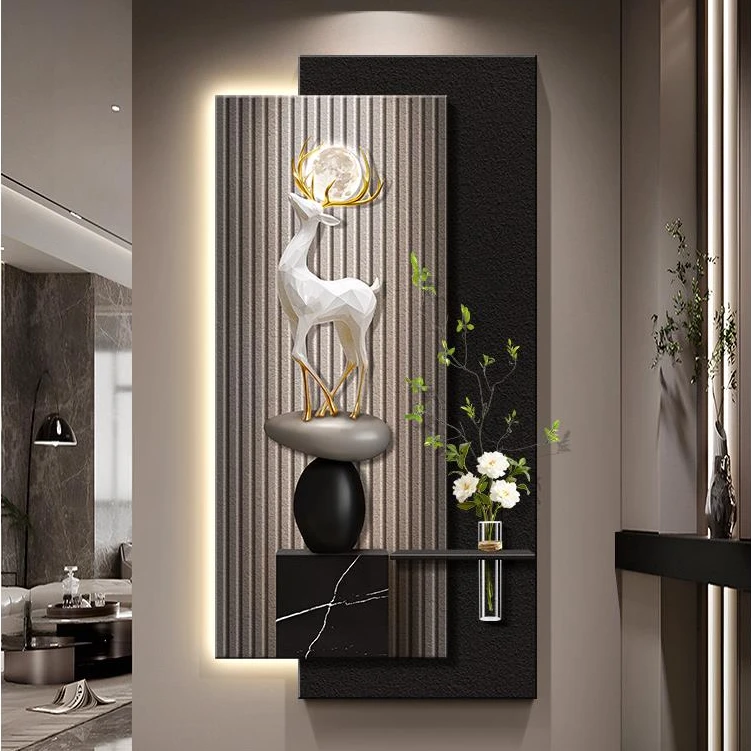 轻奢玄关装饰画入户正对门大气过道走廊挂画2025新款鹿年轻人壁画