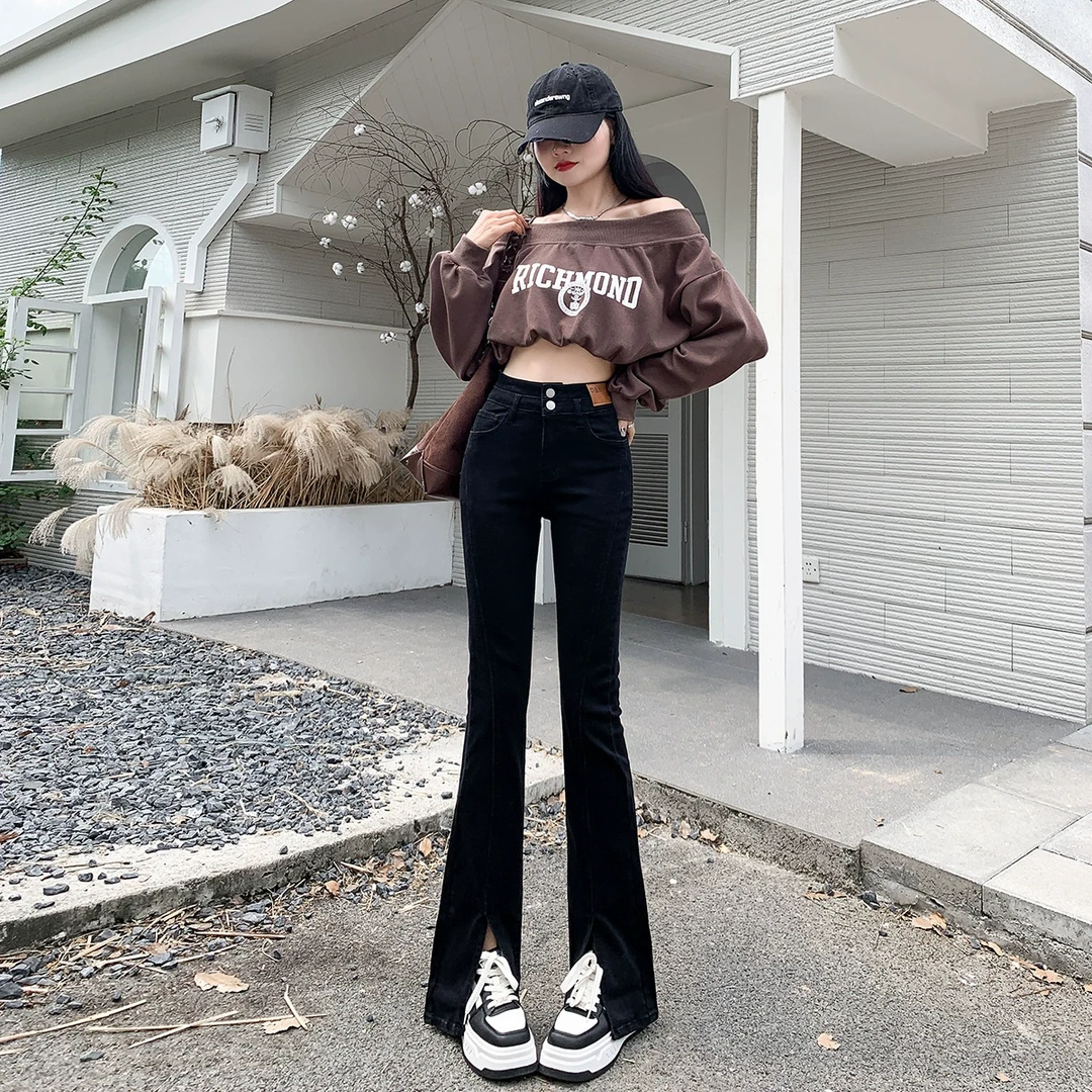 春季款黑色百搭开叉微喇裤高腰显瘦牛仔裤弹力喇叭牛仔裤女小个子