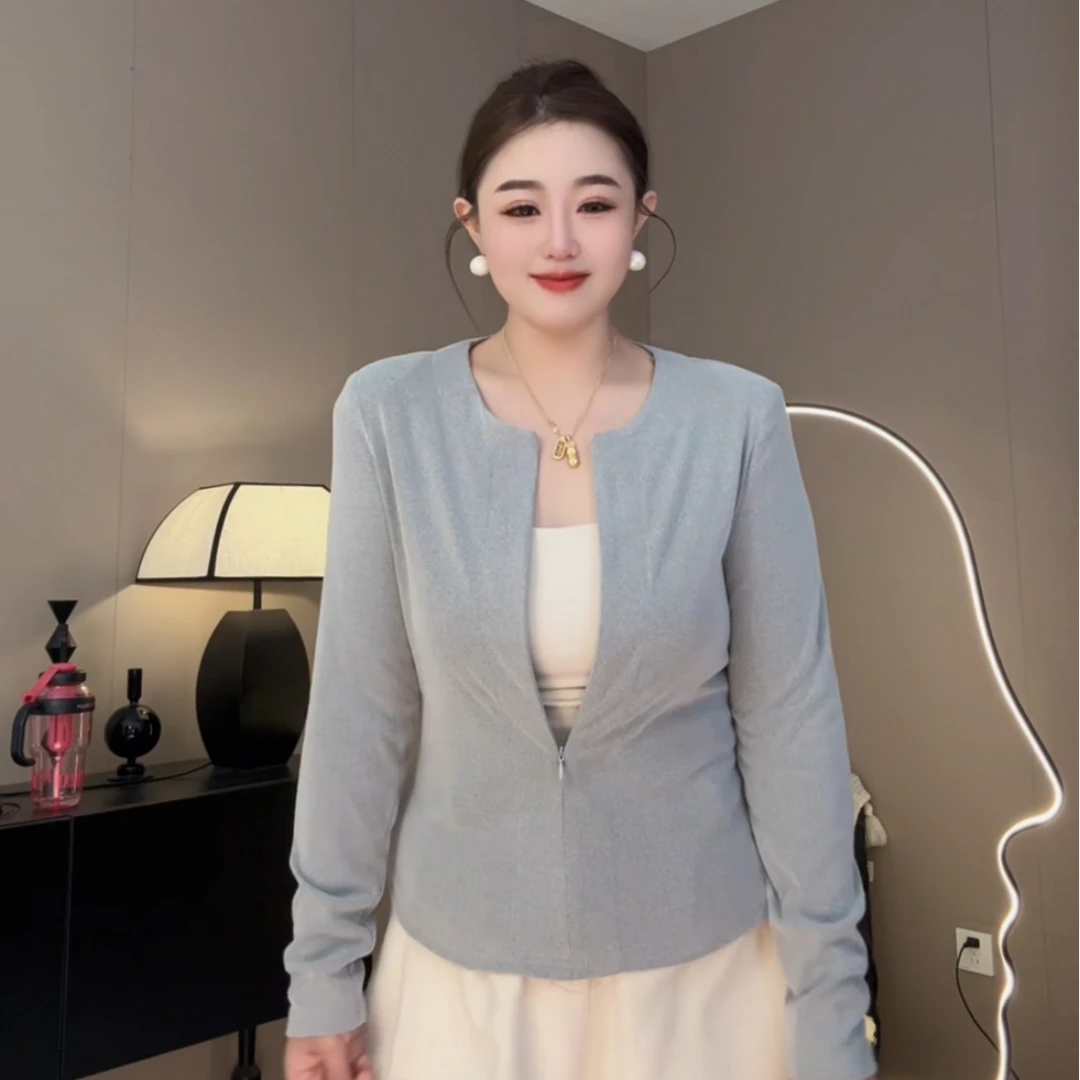 设计感拉链长袖T恤女2024秋冬新款洋气褶皱体恤小衫上衣潮