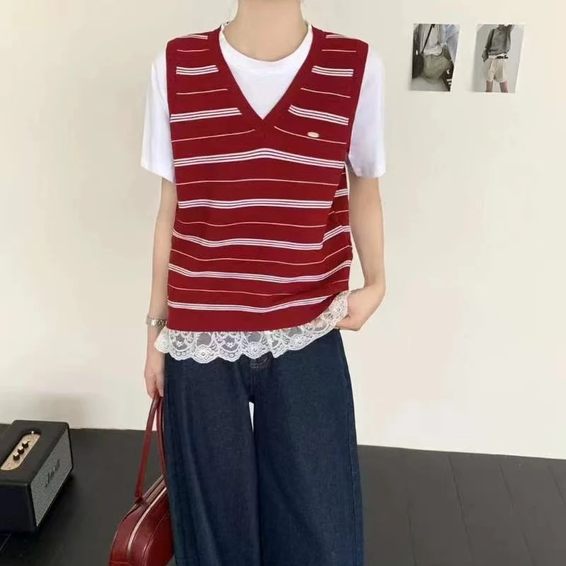 【丽丽家】大码女装时尚假两件蕾丝边减龄短袖上衣