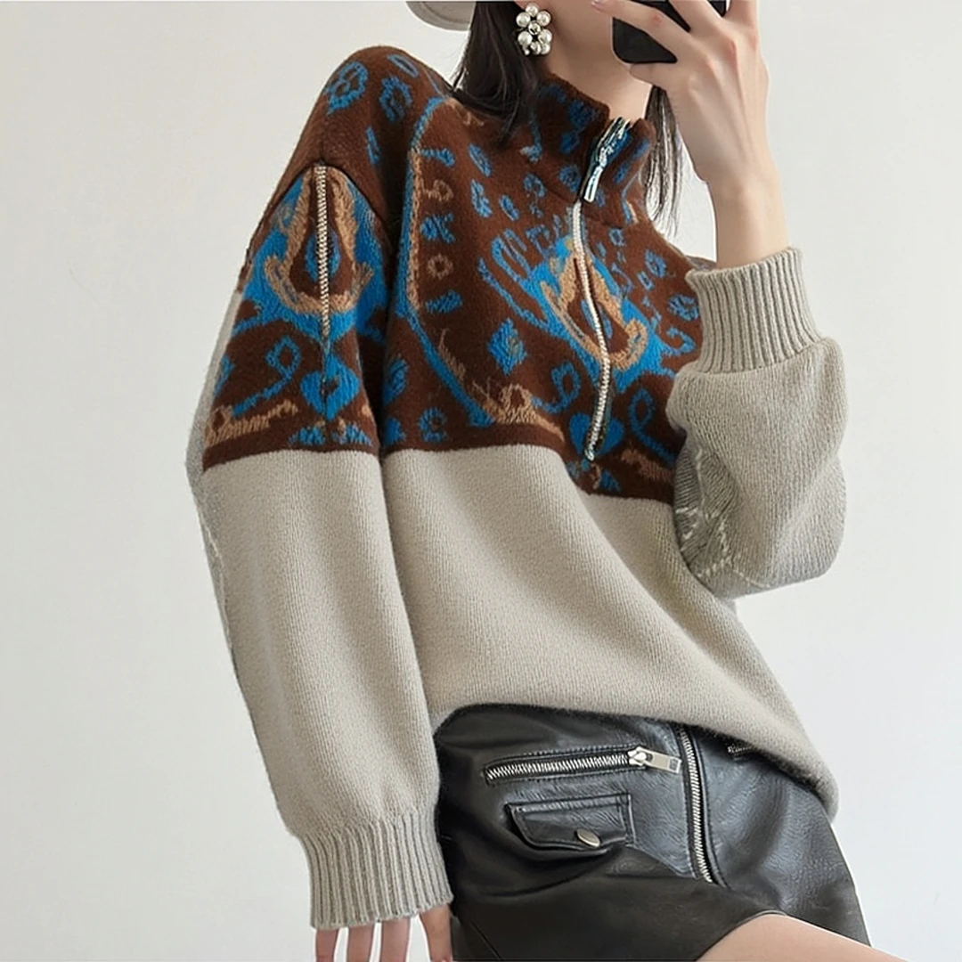 【绒弯湾】时尚秋冬宽松羊绒提花拼色套头半拉链针织衫