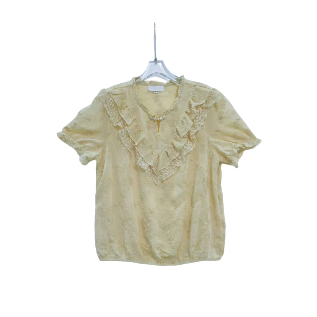 桐然精选970#夏季新款时尚百搭显瘦圆领珍珠花边蕾丝短袖上衣