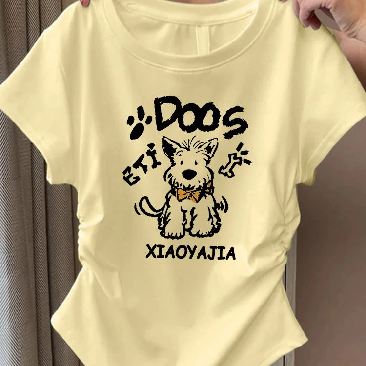 【ZHAP】圆领2025夏季褶皱短款t恤女奶黄色chic小香风多巴胺穿搭潮