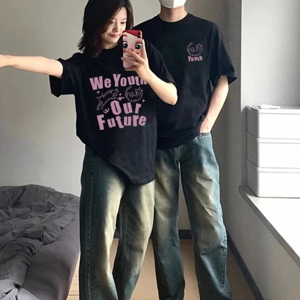 情侣装2025新款一男一女情侣短袖潮牌高级感夏季纯棉宽松休闲T恤