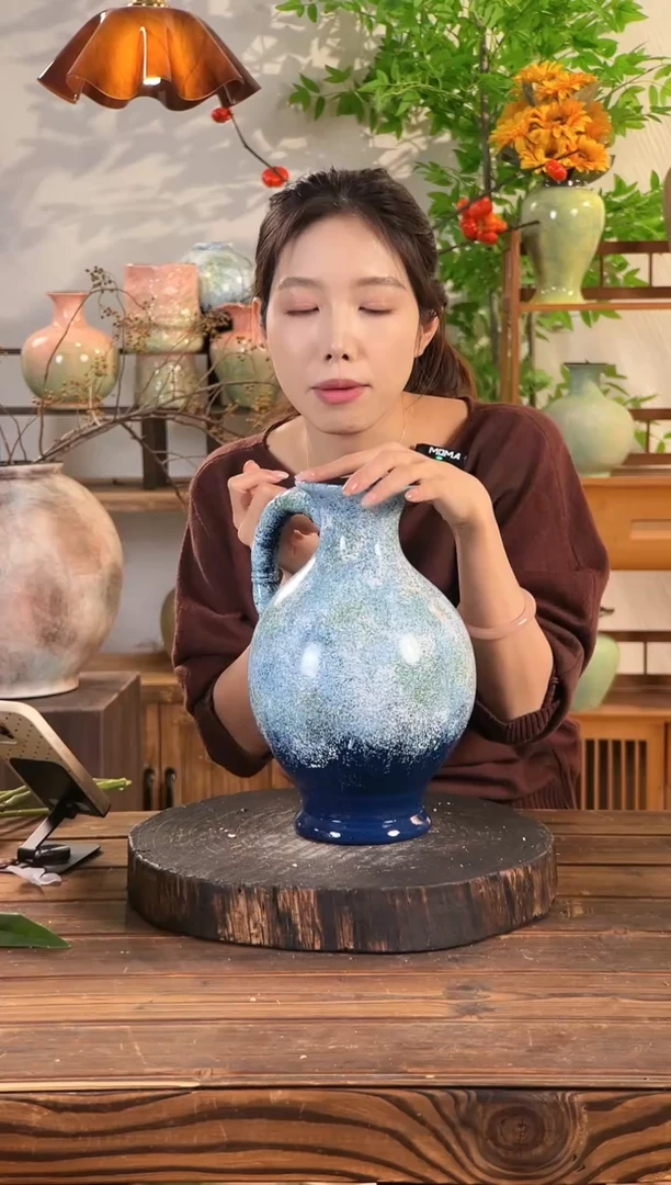 [蔚蓝海岸-圆口大肚提壶】桌面落地陶瓷花瓶干花鲜花客厅插花摆件