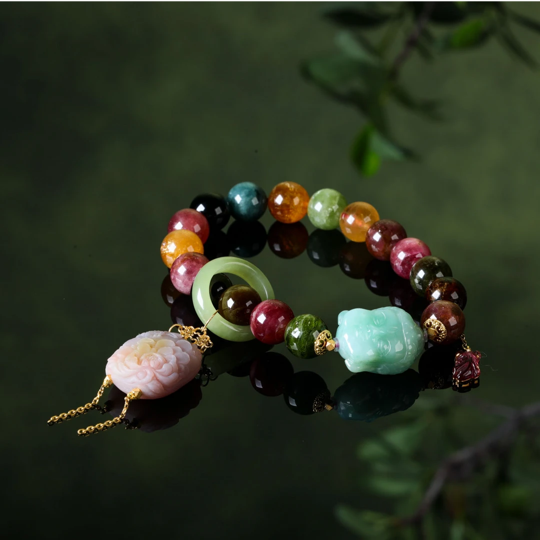 【意婵】“双11”18k金天然巴西老矿料碧玺单圈手链翡翠盐源-916004