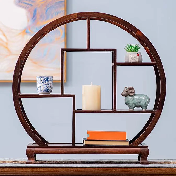 【木上】大红酸枝交趾黄檀-（大）圆形桌面博古架50*12*51-红木置物架