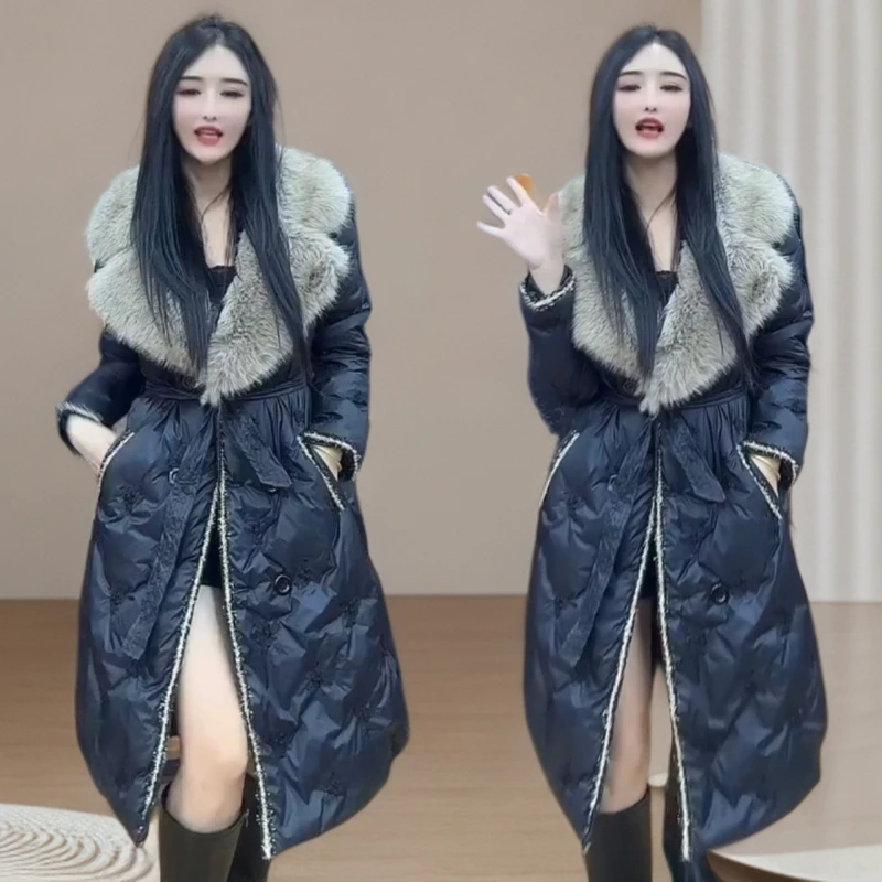 小香风西服大毛领棉服显瘦气质时尚中长款外套系腰带高档