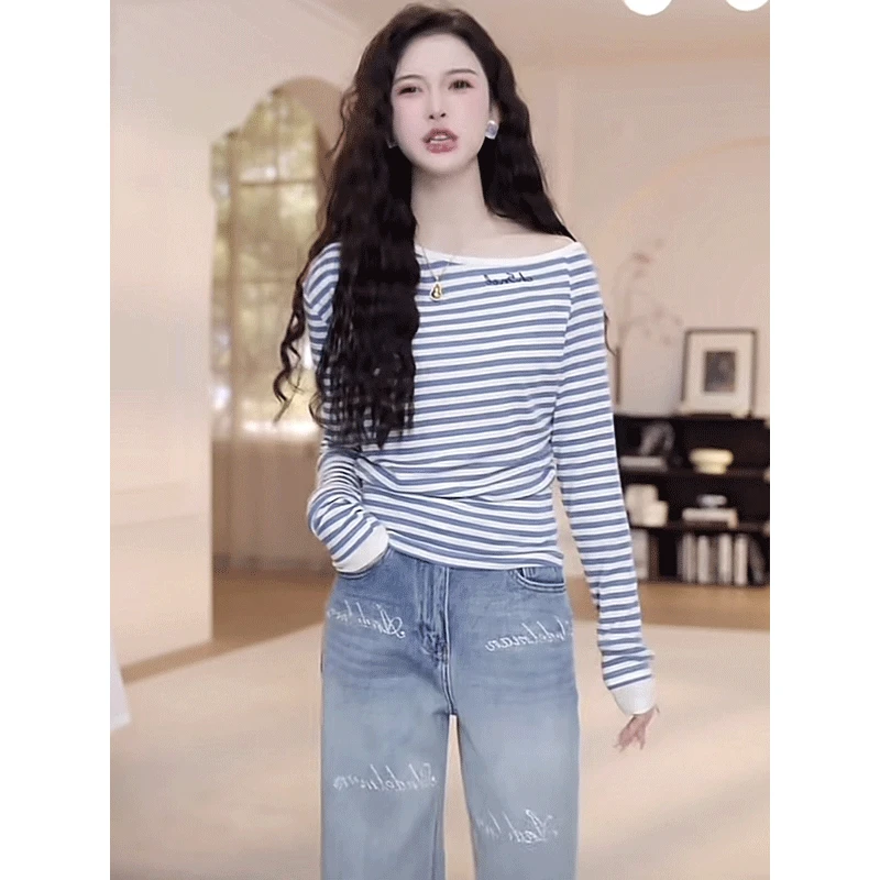 美式辣妹百搭斜肩字母条纹长袖T恤女春夏纯欲露肩小清新打底上衣