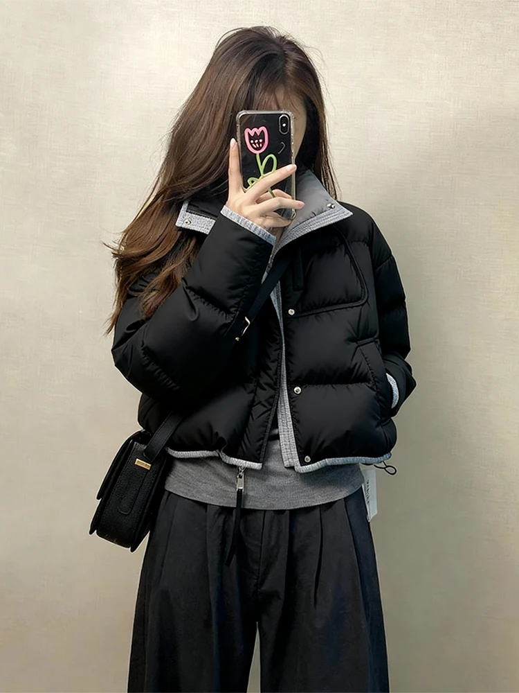 2025巨好看的黑色撞色棉服女冬季小个子韩系短款面包服厚外套棉袄