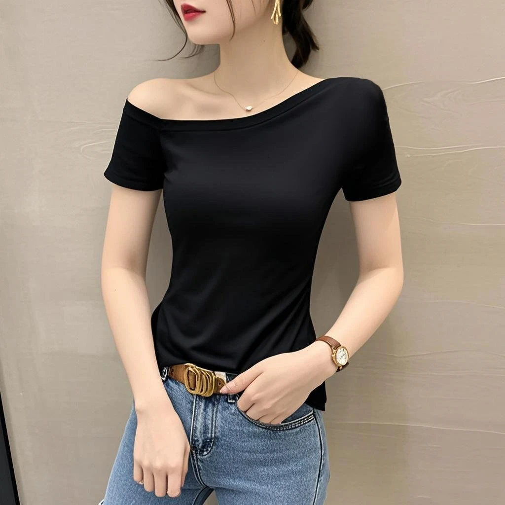 黑色露肩短袖t恤女2025新款夏季纯棉修身显瘦独特绝美斜领上衣潮