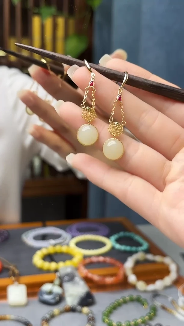 银S925镶嵌和田玉耳饰s925银和田玉耳坠LXY