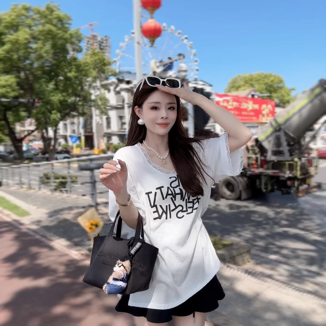 【晓溪服饰】夏季新款时尚百搭宽松型五分袖印花宽松圆领T恤6187