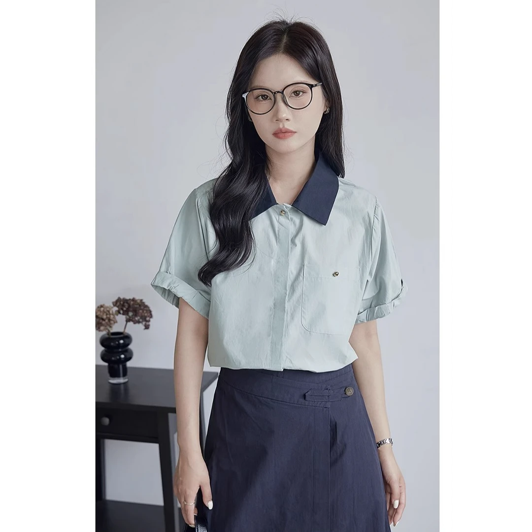GUIER/桂儿撞色POLO领衬衫女宽松显瘦休闲百搭卷边短袖衬衣27564