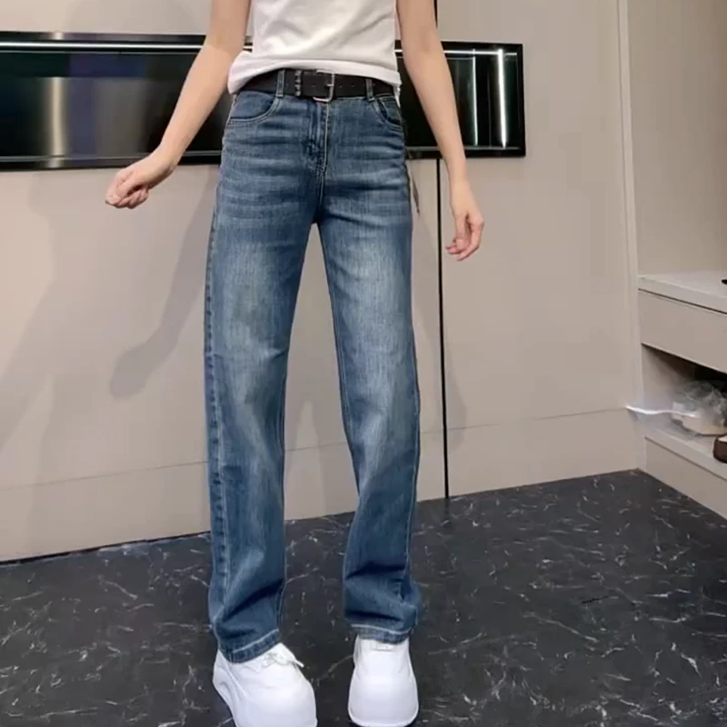 高腰窄版直筒牛仔裤女2025年秋季新款大码弹力显瘦阔腿拖地长裤子