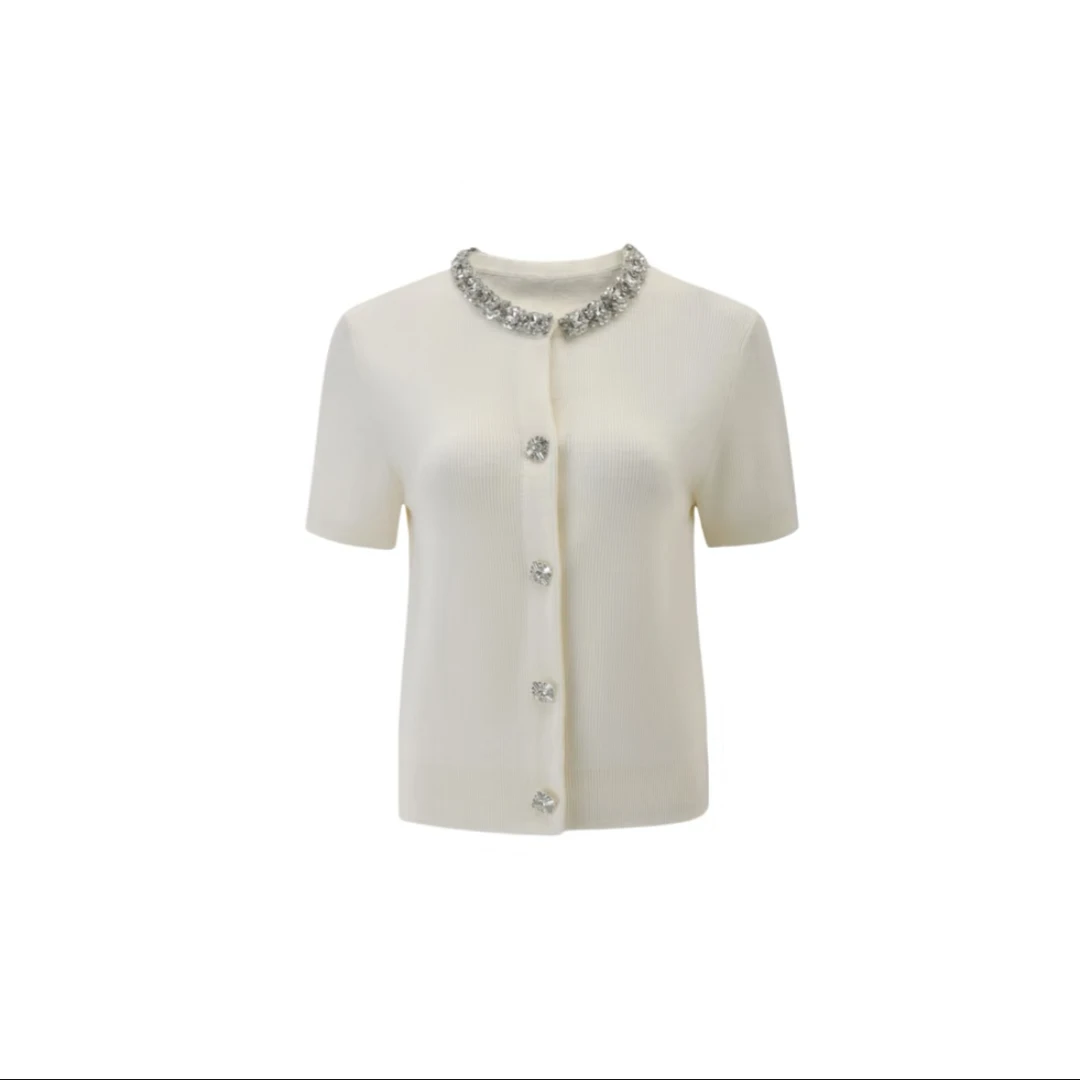 《猪猪出品》2025上新白色领口钻镶钻针织短袖开衫