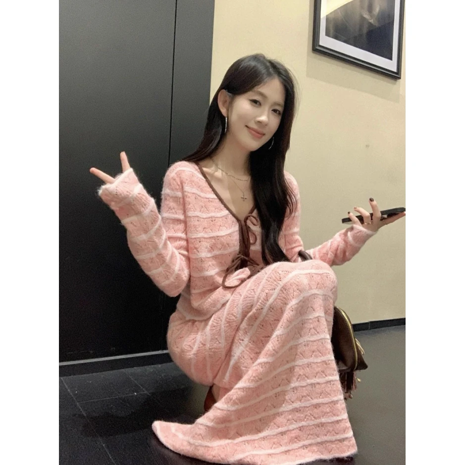 法式小香风甜美气质粉色针织套装女2025秋季新款短款上衣+半身裙