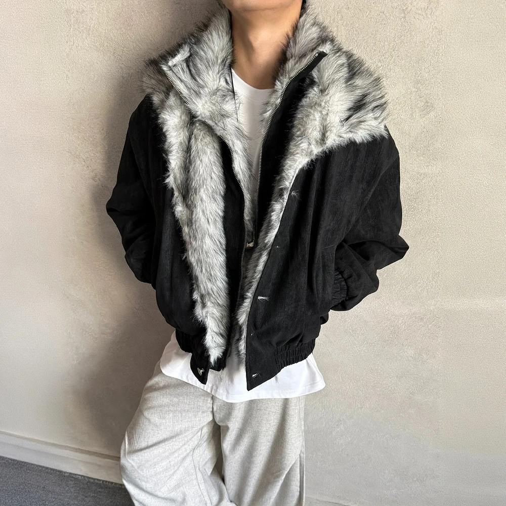 美式双层翻毛领座山雕外套男冬季cleanfit短款哈灵顿夹克棉服