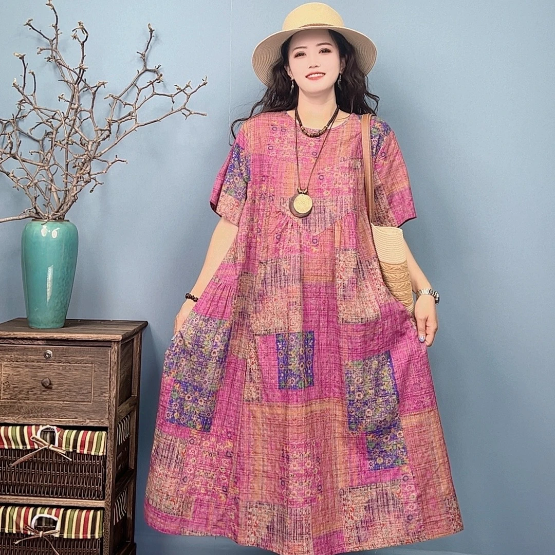 25037夏季新款气质洋气减龄百搭显瘦宽松休闲复古遮肉圆领连衣裙