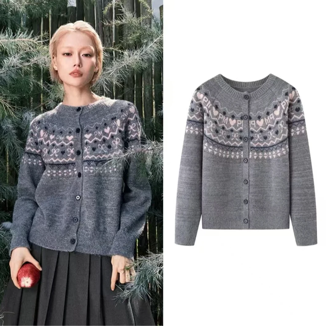 251018  MM2024冬季新款复古花色加厚针织开衫毛衣女