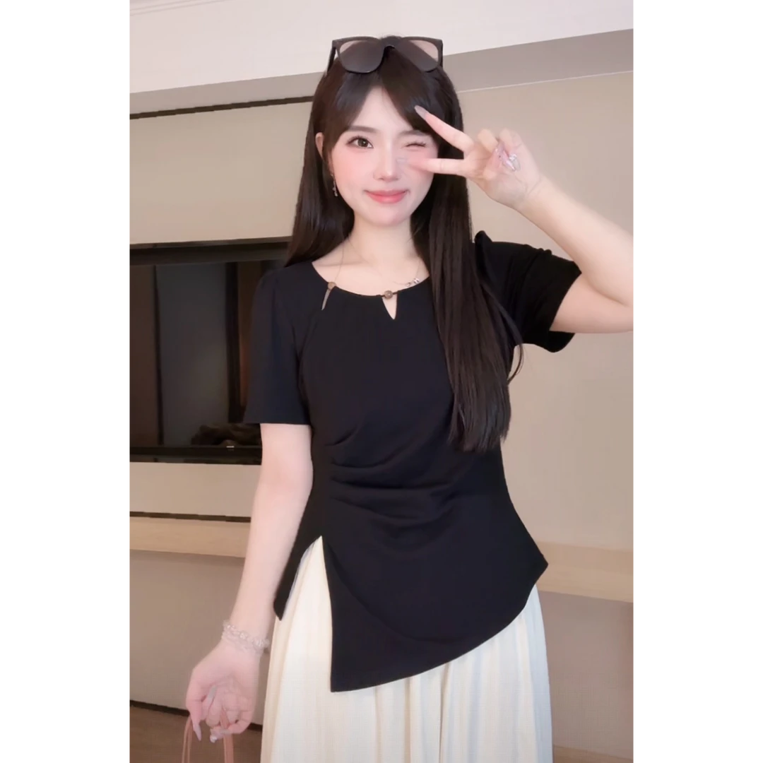 【现货】胖mm夏遮肉显瘦上衣法式镂空正肩圆领短袖百搭纯色t恤05001