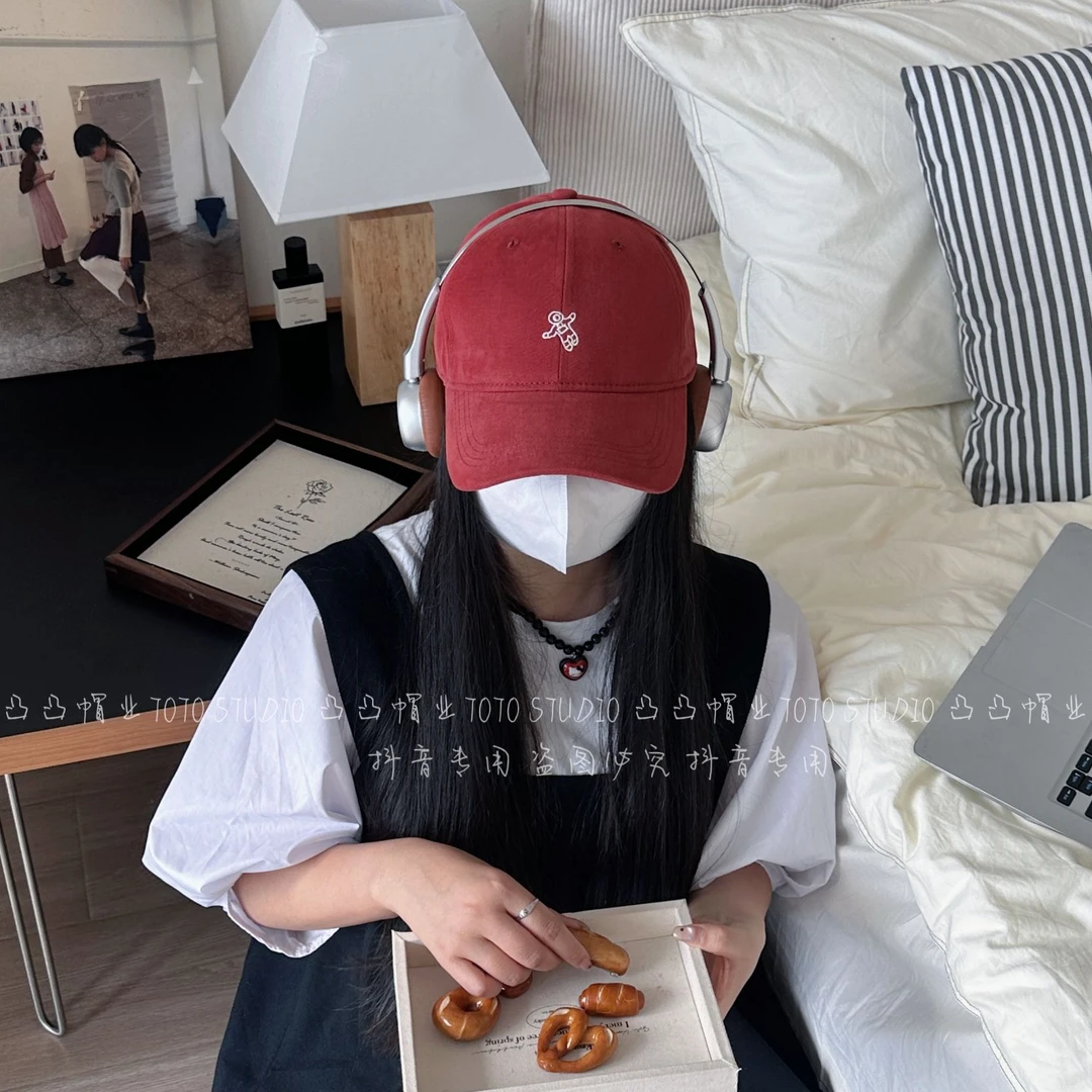 半硬顶韩版刺绣宇航员棒球帽女磨毛大头围鸭舌帽加宽加深帽檐显瘦