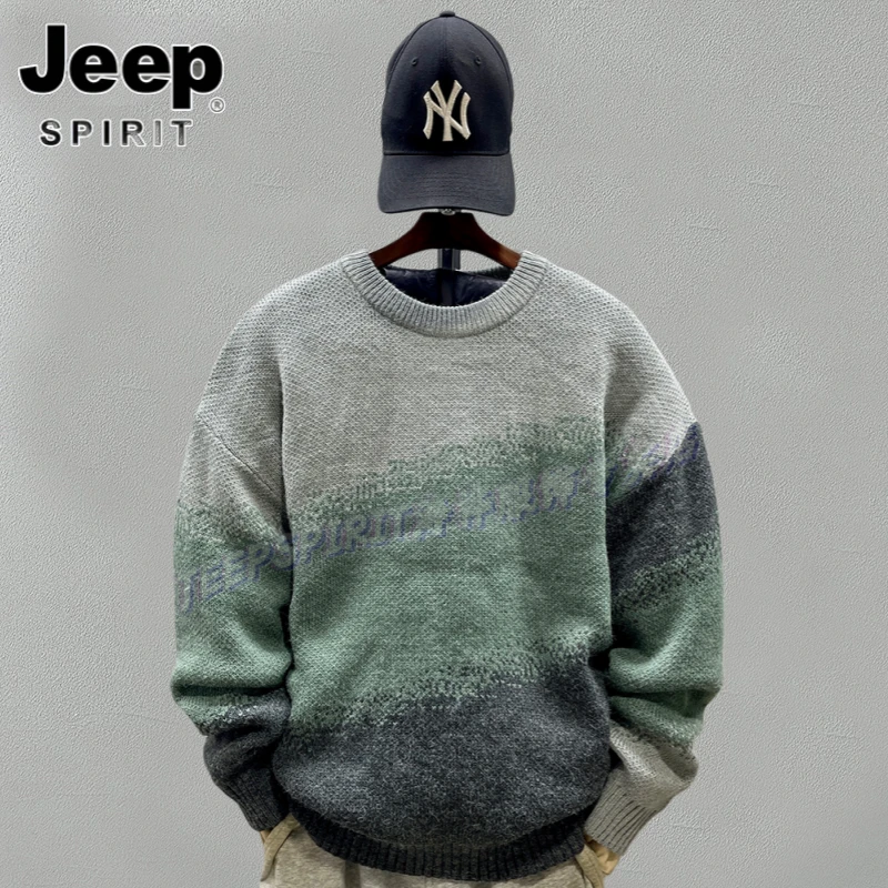 Jeep吉普秋冬季渐变色毛衣圆领设计休闲针织衫潮牌宽松男士套头衫