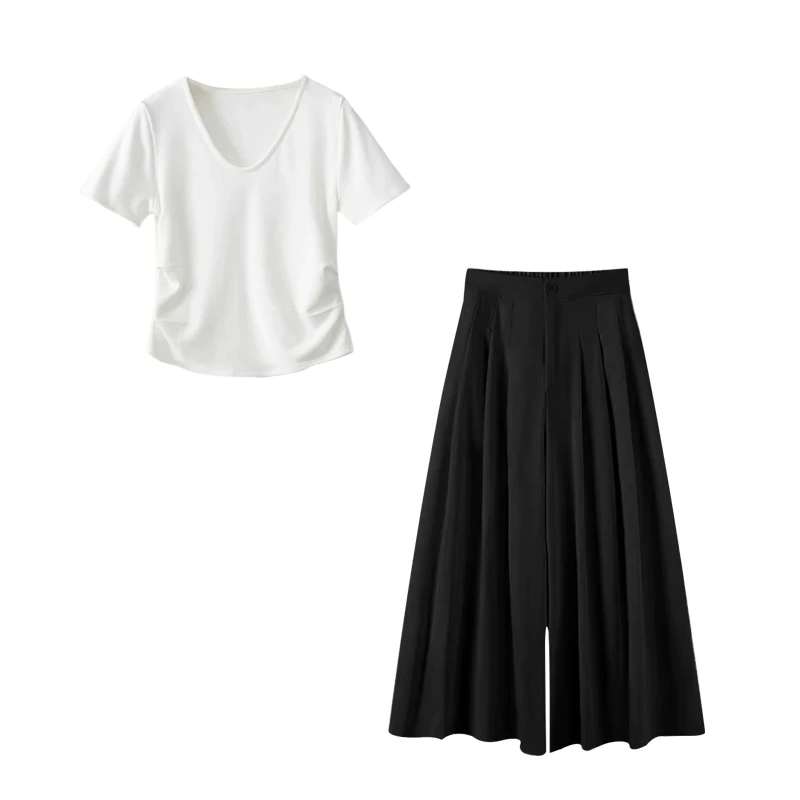 夏季休闲显瘦修身鹅蛋领收腰短袖法式西装百褶裙裤两件套装 CC