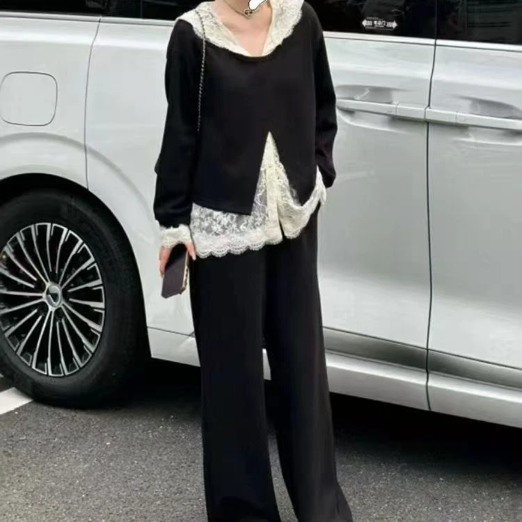 8229-三件套（上衣+蕾丝连帽马甲+裤子）秋季韩版显瘦时尚大码套