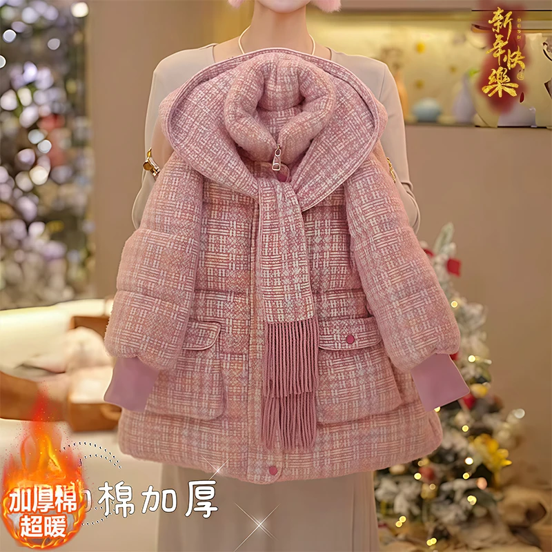 女童加厚小香风棉服2025新款冬装中长款连帽磨毛羽绒棉衣外套棉袄