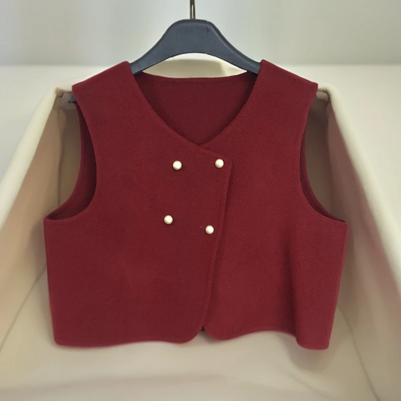 2025新款女士毛呢双面羊毛酒红色马甲