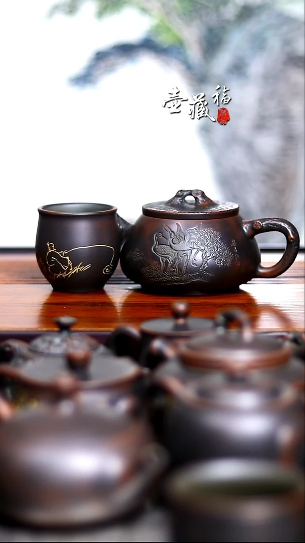 坭兴陶海*捞坭兴陶石瓢壶松鹤壶350ml