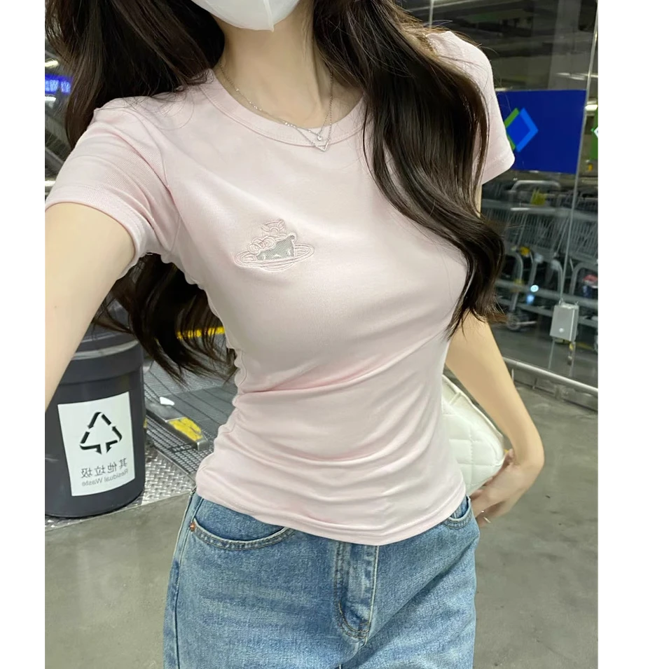 粉色正肩圆领短款T恤设计感镂空刺绣kt收腰夏季百搭修身显瘦短袖