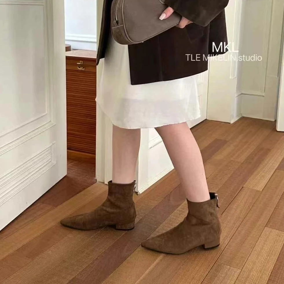 尖头粗跟瘦瘦靴女2024冬季新款加绒复古后拉链短靴JRX 2866-9