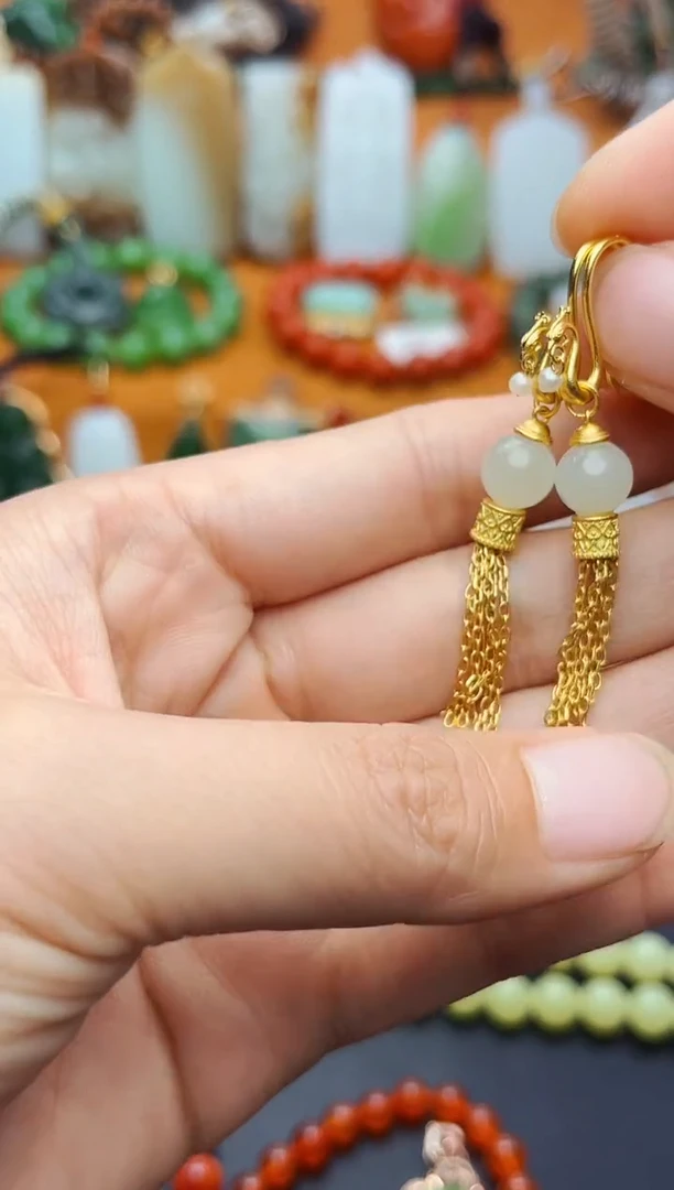 和田玉银S925镶嵌耳饰耳坠