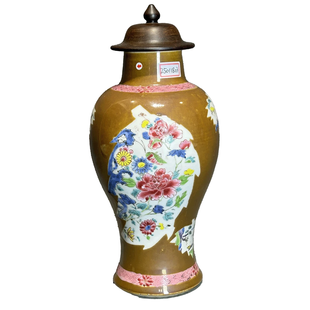 25011803x紫金釉开窗粉彩花卉山水纹将军罐