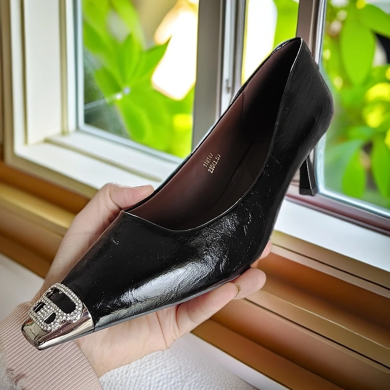 118147法式方头黑色漆皮镶嵌百搭通用气质细跟高跟鞋细高跟包头15