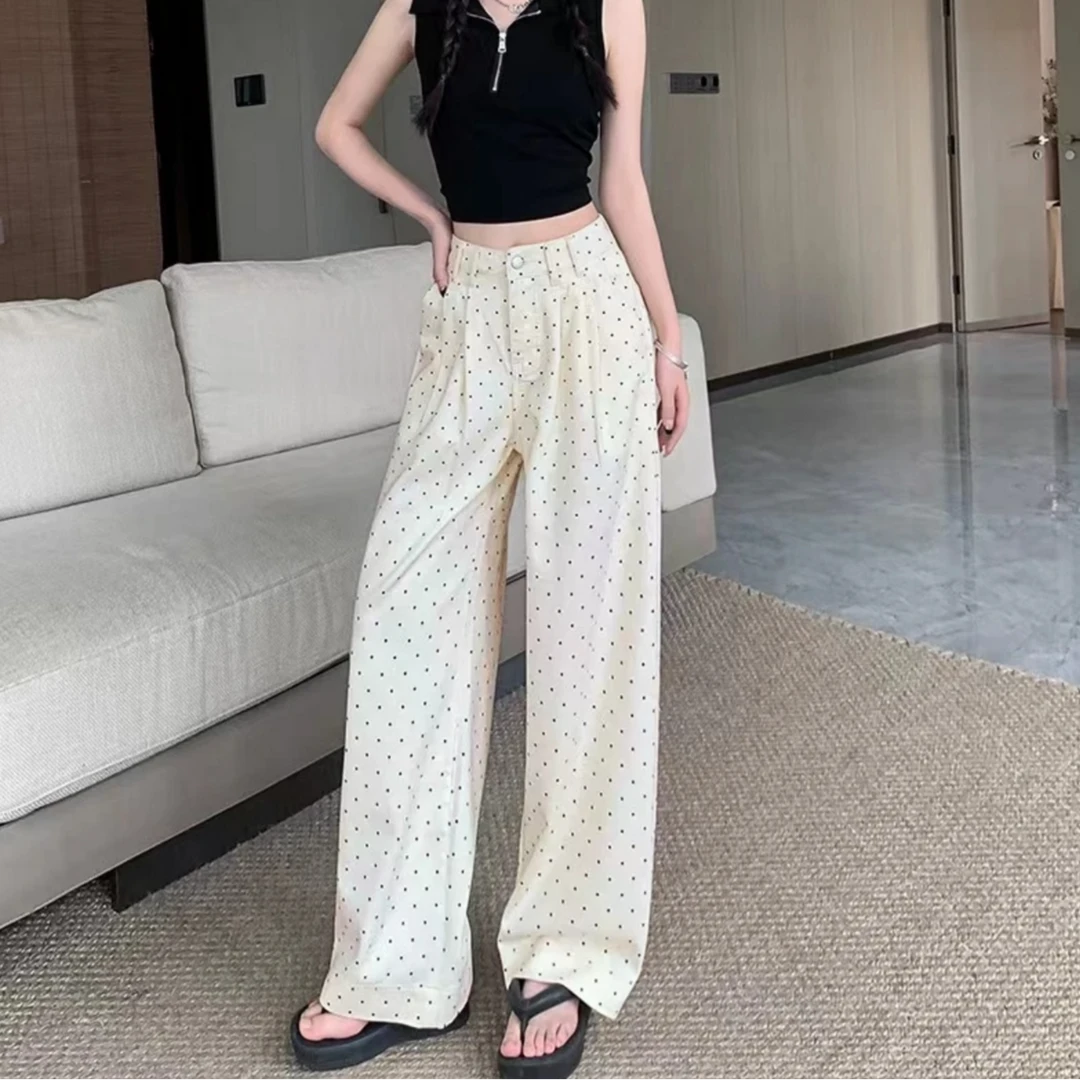 【小敏】QXD51101新款时尚高腰显瘦波点窄版直筒阔腿裤